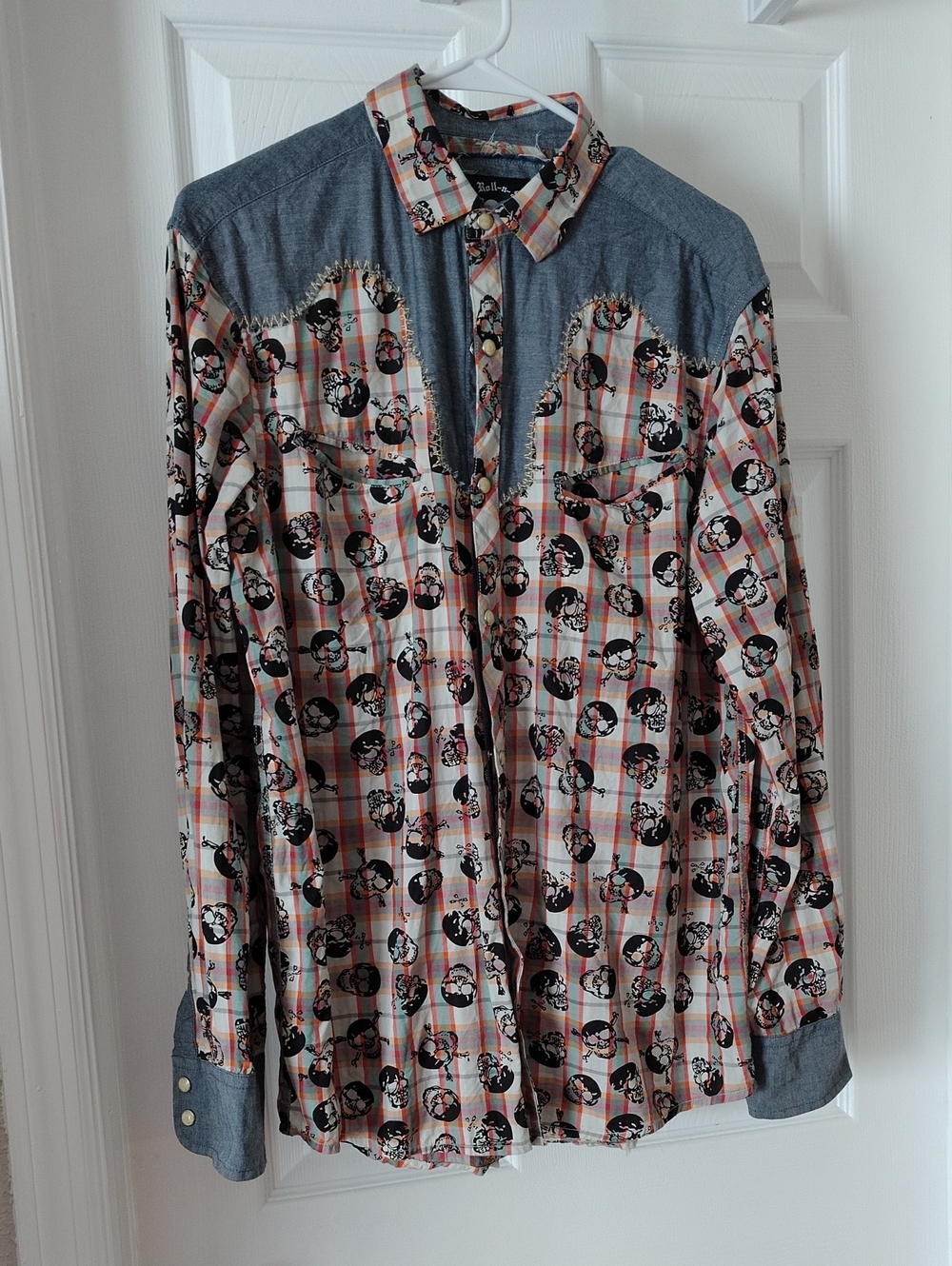 Rock Roll N Soul Western Shirt Blue Skull Print Snap Front Rocker